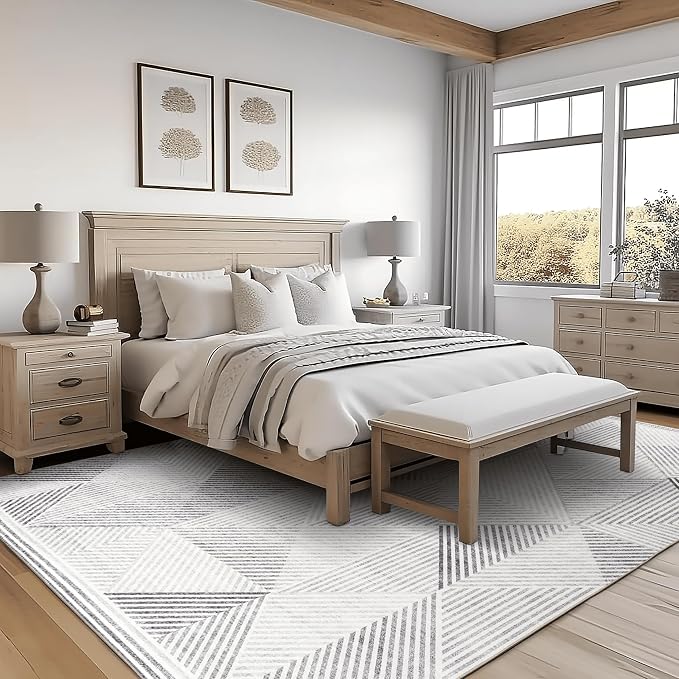 Machine Washable Area Rug - Living Room Bedroom Bathroom Kitchen Entryway Office - Padded Low Pile Stain Resistant Premium - Modern Geometric Contemporary - Miles - Gray 4' x 6'