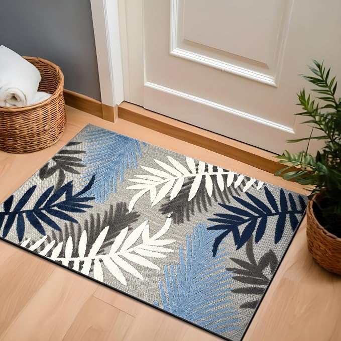 Rugshop Blue Palm Frond Indoor/Outdoor Accent Rug Easy Cleaning for Entryway, Kitchen and Mudroom, 2' x 3'