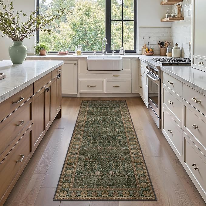 2x6 Kitchen Runner Rug, Washable Non Slip, Dark Green Brown | Vintage Floral, Spill Resistant, Lightweight Low Pile Carpet for Hallway, Bedroom, Laundry Room and Bathroom