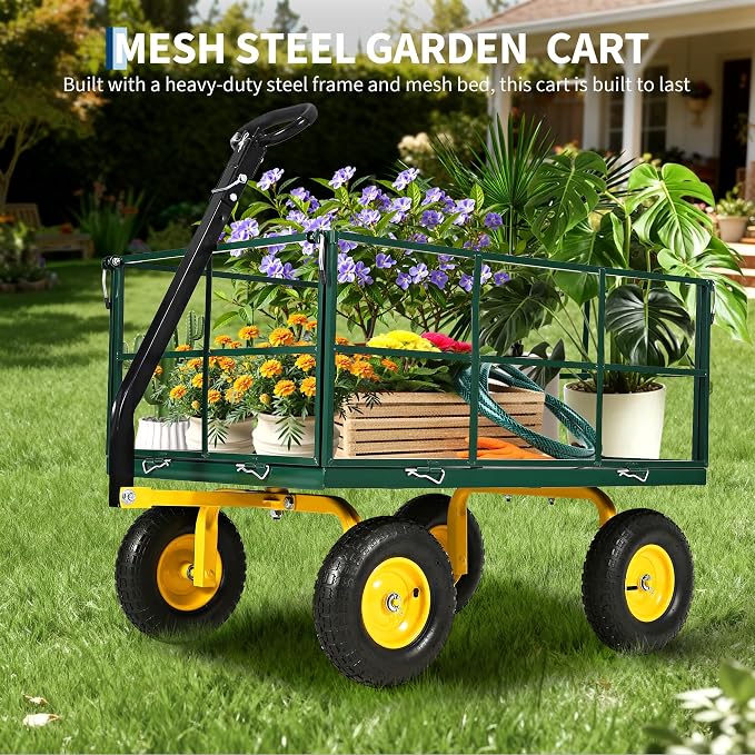 Heavy Duty 1500 Lbs Capacity Mesh Steel Garden Cart Folding Utility Wagon with Removable Sides, Garden Cart on Wheels for Gardening Soil, Tools, and Plant Transport