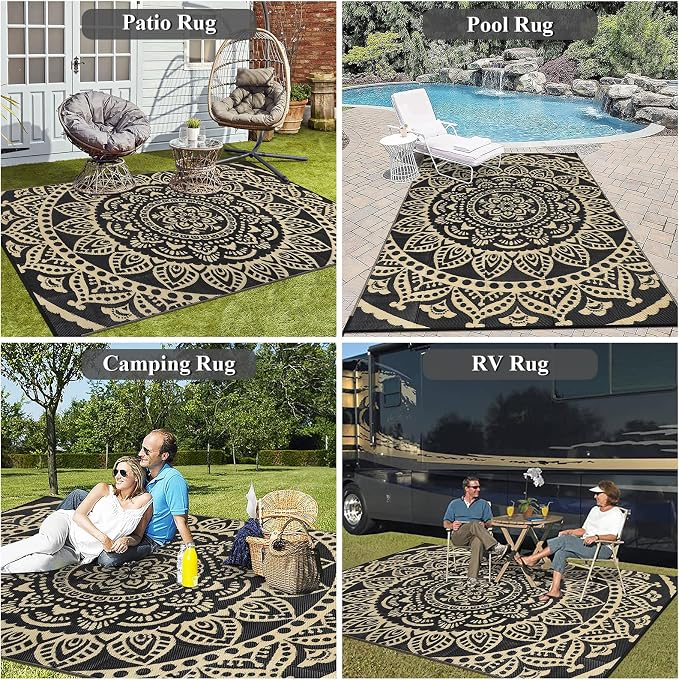 Bsmathom Waterproof Outdoor Rug 6'x9' Reversible Boho Plastic Straw Patio Deck Camping Rugs, Indoor Outdoor Portable RV Mat Clearance Carpet for Outside, Porch, Balcony, Backyard, Beach, Pool,Black