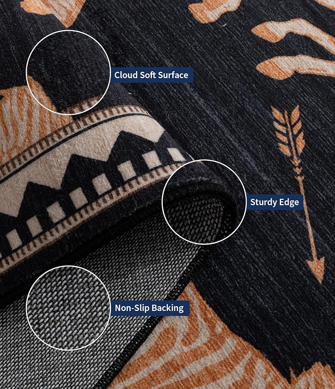 YIHOUSE Black and Gold Zebra Area Rugs 5×7, Washable Animal Print Rug with Geometric Border, Non-Slip Low Pile Mid-Century Modern Carpet for Living Room, Bedroom, Dining Room