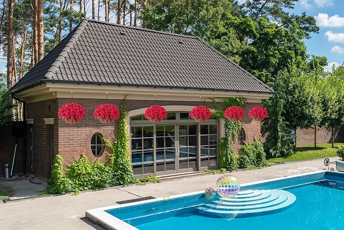 Ammyoo Artificial Hanging Flower Plants with Basket for Outdoor Decoration, Faux Petunias Flowers Fake Morning Glory Planter for Outside Patio Garden Porch Balcony Yard Decor(Rose Red)