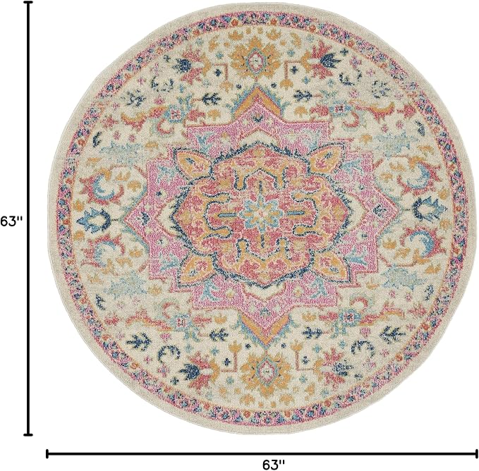 Nourison Home Passion Ivory Pink 5' x Round Area Rug - Easy Clean, Non Shedding, Bed Room, Living Room, Dining Room, Kitchen (5' x Round)
