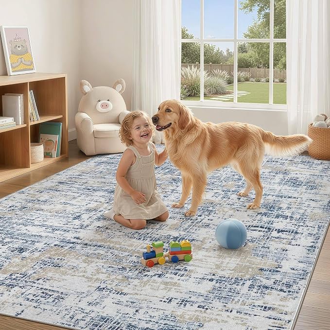 Nakagishi 6X9 Abstract Washable Area Rugs for Living Room-Blue Golden | Modern Non-Slip Silicone Backing Low Pile Soft Carpet for Bedroom Dining Decor Ideal for Families with Kids and Pets