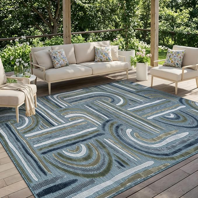 CAMILSON Indoor Outdoor Rug, Aqua 8x10 Geometric Arch Striped Area Rugs for Patio and Home Areas, Easy-Cleaning Non-Shedding Living Room, Garden and Deck Washable Outside Carpet (8 x 10)