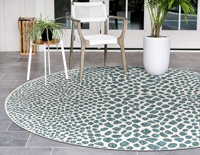 Unique Loom Outdoor Collection Area Rug - Cape Town (4' 1' Round, Teal/ Ivory)