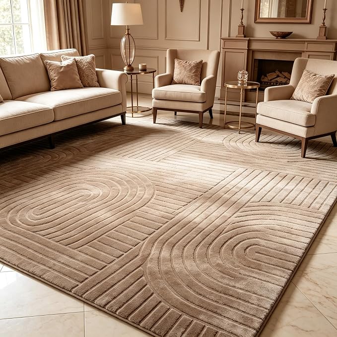 Brown Solid Area Rug 5x7, Washable Living Room Rug, Ultra Soft Indoor Rugs for Bedroom, Modern Geometric Boho Pattern High-Low Textured Carpet for House Apartment, Home Office Decor