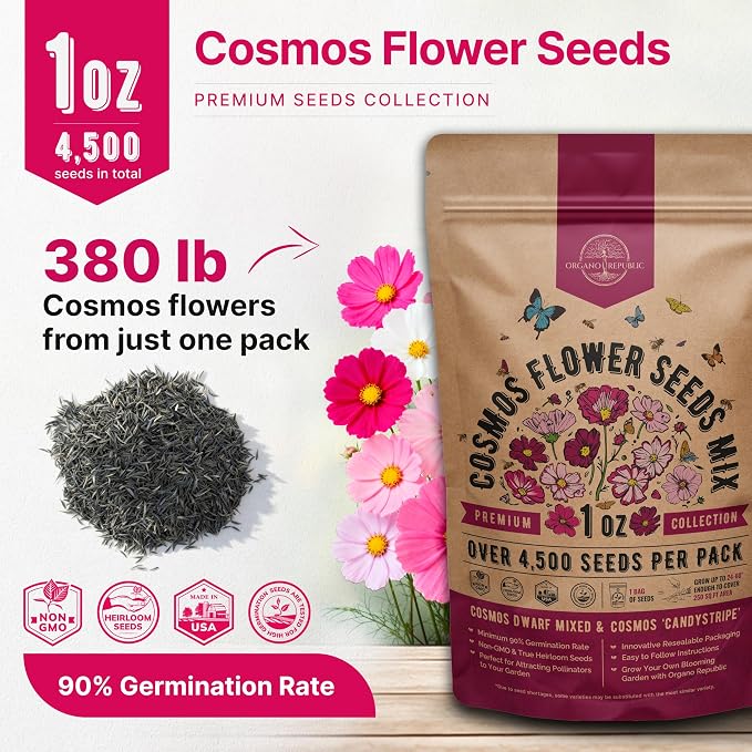 Cosmos Flower Seeds Pack 1 oz - 4,500 Non-GMO Heirloom Annual Seeds for Planting Indoor & Outdoor Gardening, Flower Seed for Garden in Resealable Packet, Floral Mix for Pollinators Perennial Mix
