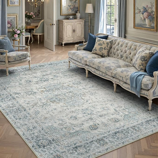 HUGEAR Area Rug 5x7 Machine Washable Living Room Rugs Light Blue Distressed Vintage Floral Low Pile Carpet Bedroom Office Dining Room Laundry Room Non Slip Soft Lightweight