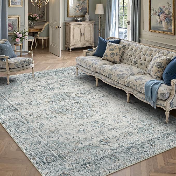 HUGEAR Area Rug 6x9 Machine Washable Living Room Rugs Light Blue Distressed Vintage Floral Low Pile Carpet Bedroom Office Dining Room Laundry Room Non Slip Soft Lightweight