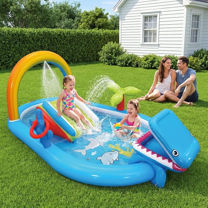 Inflatable Kiddie Pool with Slide, Water Sprayer, Waterfall, 98 × 64 × 39in Kids Play Center Water Park for Summer Outdoor Splash, Backyard and Garden (Rainbow Without Blower)