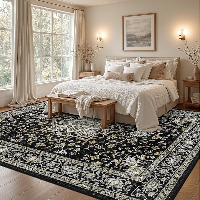 9x12 Area Rugs Living Room: Washable Rug for Bedroom Black Gold | Vintage No Slip Stain Resistant Rug Soft Indoor Decor Floor Floral Area Rugs for Dining Room, Nursery, Hallway, Home Office