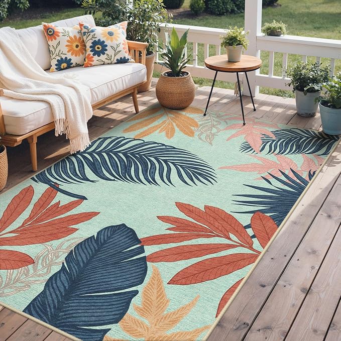 GENIMO Outdoor & Indoor Area Rug 8'x10', Waterproof, Non-Shedding, Easy Cleaning, Leaf Mat for Patio, Living Room, Balcony, Dining Room, RV, Deck, Bedroom, Camping, Outside Carpet, Blue Paint