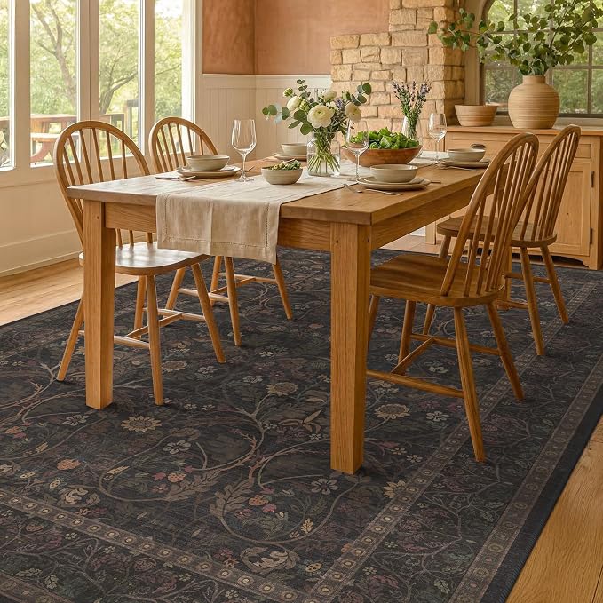 Washable 8x10 Area Rugs for Living Room, Black and Brown Rug for Bedroom Dining Room, Moody Dark Floral Farmhouse Western Style Decor, Large Gold Southwest Non Slip Low Pile Soft Carpet (Dark Brown)