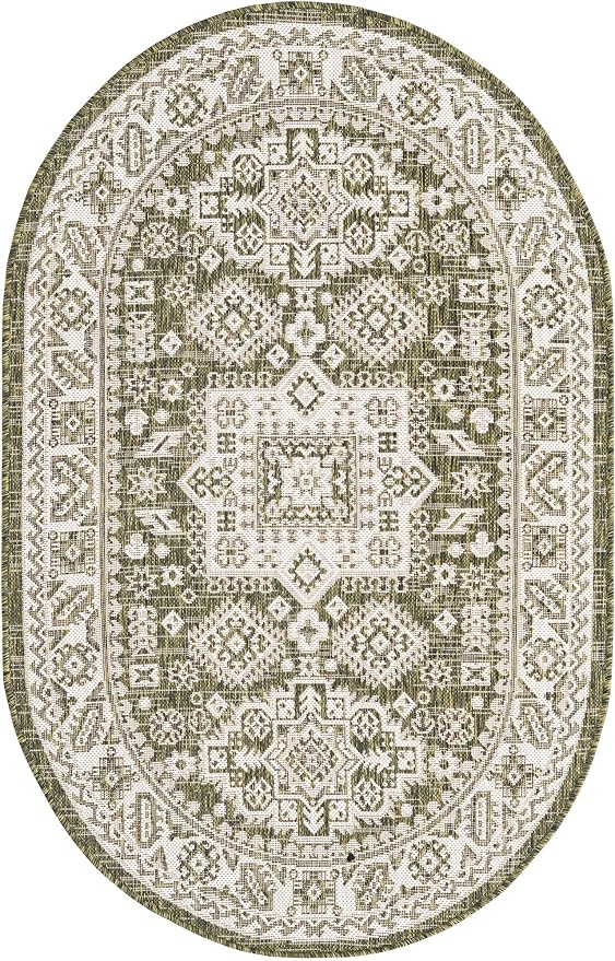 Unique Loom Outdoor Aztec Collection Area Rug - Chalca (3' 3" x 5' 3" Oval, Green/ Ivory)