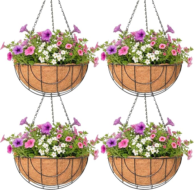 4 Pack Hanging Planter for Outdoor Plants 14 inch Metal Hanging Flower Basket with Coco Coir Liner Round Wire Plant Holder Chain Flower Pots Outdoor Garden Decoration Watering Hanging Baskets（DQ）