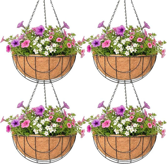 4 Pack Hanging Planter for Outdoor Plants 12 inch Metal Hanging Flower Basket with Coco Coir Liner Round Wire Plant Holder Chain Flower Pots Outdoor Garden Decoration Watering Hanging Baskets（DQ）