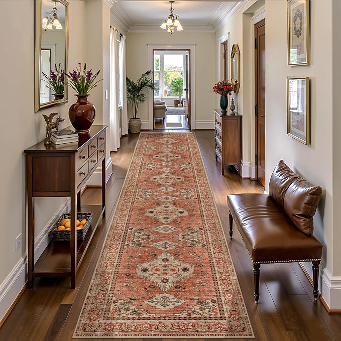 Tangsoo Boho Hallway Runner Rug 2.6x14 Washable Runner Rug Non Slip | Vintage Soft Low Pile 14ft Long Rug Runner, Oriental Terracotta Indoor Carpet Runner for Bedroom Living Room Home Decor