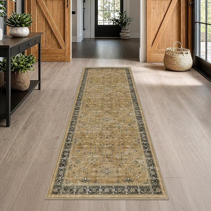 Washable Long Runners for Hallways, 3x8 Rustic Brown and Charcoal Olive Kitchen Runner Rug, Bohemian Traditional Entryway Indoor Rug, Non-Slip Stain & Fade Resistant