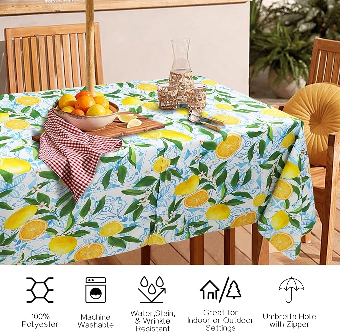 Outdoor Tablecloth with Umbrella Hole and Zipper, Rectangle Patio Table Covers for Spring/Summer, Machine Washable Outdoor Picnic Table Cloth (Lemon, 60" × 84" Rectangular)