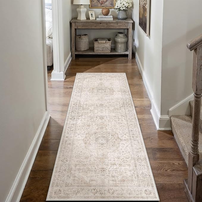 2x6 Runner Rug Hallway Vintage Beige Machine Washable Neutral Floral Low Pile Carpet Vacuumable Thin Long Throw Rug Bedroom Office Bathroom Kitchen Laundry Non Slip Soft Lightweight
