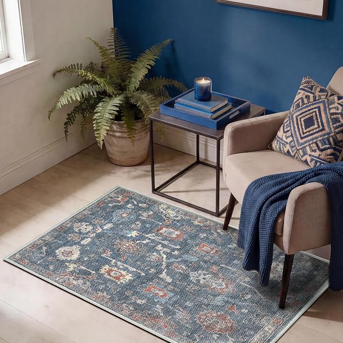 Keen Home Design Vintage Washable Entryway Rug, Non-Slip Low Pile, 2x3 | Machine Washable Cotton Chenille, 0.25In Low Pile, Rubber Non-Slip Back; Kitchen, Entryway, Bathroom, Bedside