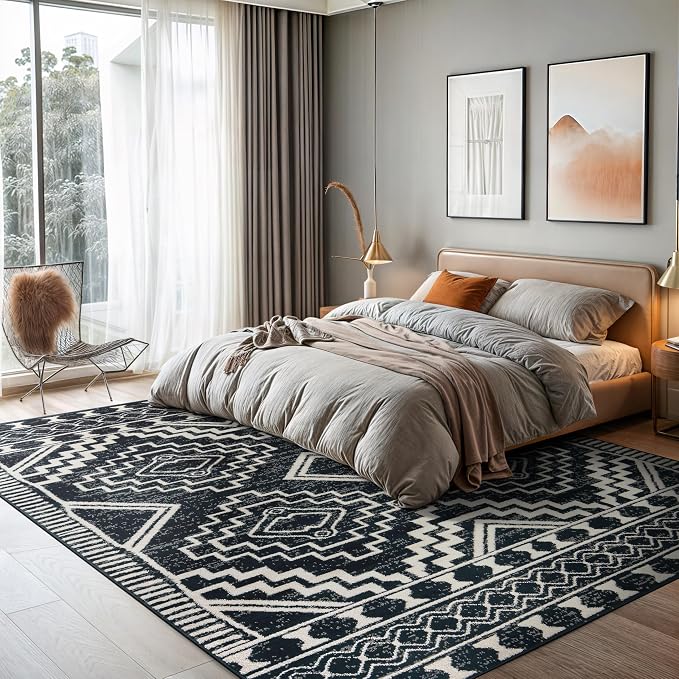 Rugshop Southwestern Geometric Tribal Boho Area Rug Soft Black 7' 10" x 10' | Rectangular, Size 7' 10" x 10', Living Room, Bedroom, Dining Room, Home Office, Kitchen, Entryway, Hallway, Nursery, Bedside