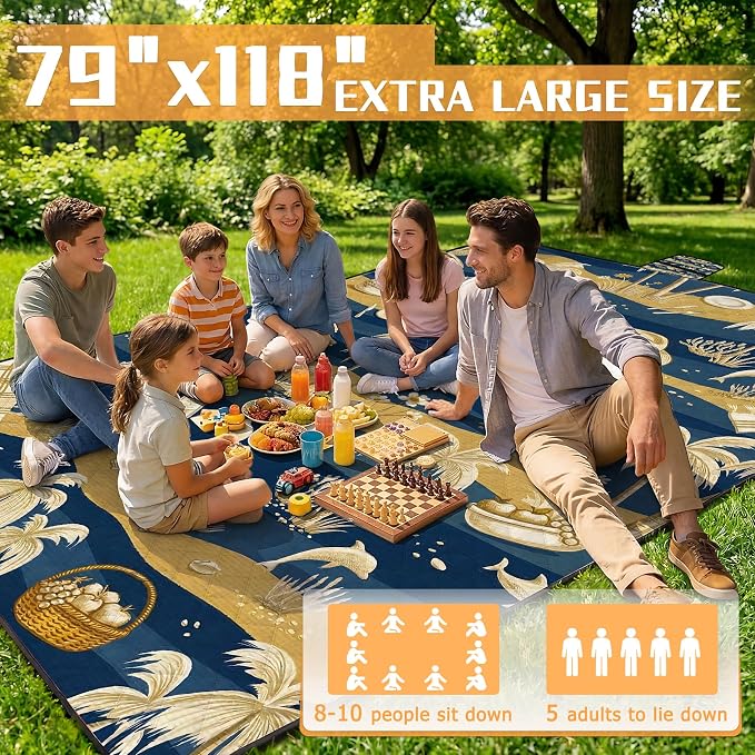 79" x 118" Picnic Blanket Extra Large,Waterproof Sandproof Foldable Outdoor Blanket Beach Blanket Ocean Picnic Mat for Camping,Lawn,Park(Coconut Tree)