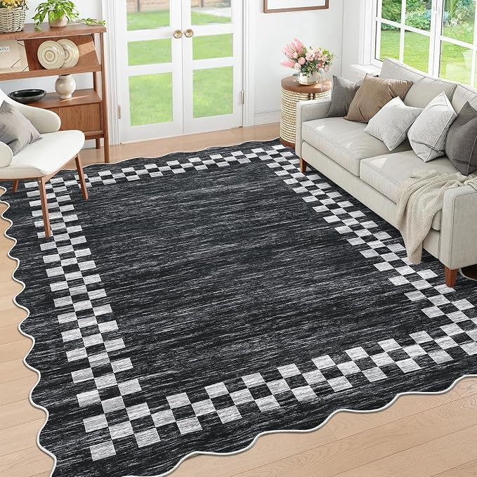 GarveeHome 10x13 Area Rug Large Living Room Bedroom Washable Scalloped Rug | Non Slip Low Pile Bedroom Throw Carpet Soft Modern Bordered Dining Room Rug Stain Resistant Carpet for Home Office, Grey