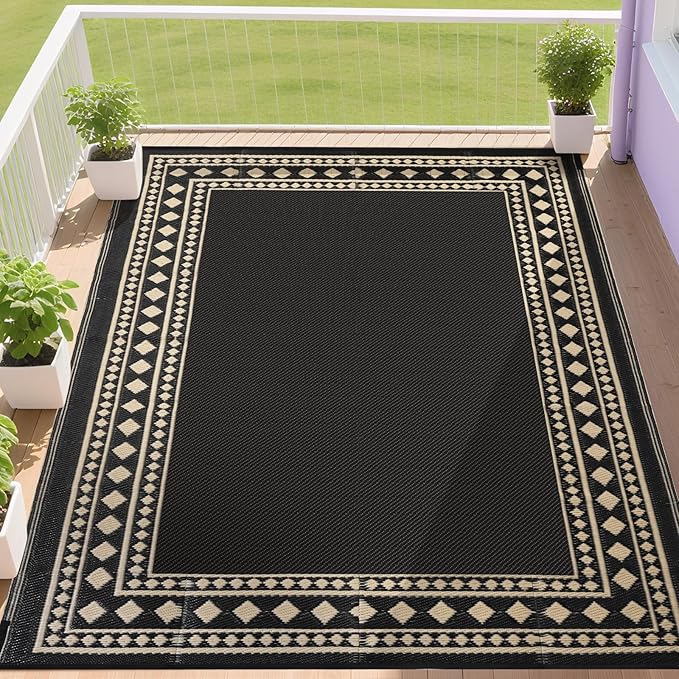 RURALITY Outdoor Rug 9x12 Waterproof for Patio Clearance,Large Plastic Straw Mat for Camping,Porch,RV,Black and Beige