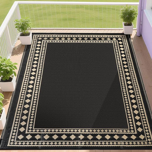 RURALITY Outdoor Rug 9x12 Waterproof for Patio Clearance,Large Plastic Straw Mat for Camping,Porch,RV,Black and Beige