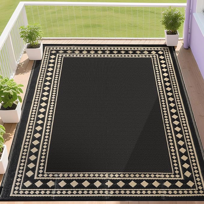 RURALITY Outdoor Rugs 6x9 Waterproof for Patios Clearance,Plastic Straw Mats for Backyard,Porch,Deck,Balcony,Black and Beige