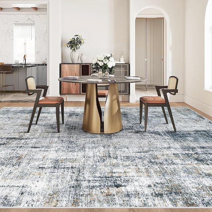 9x12 Area Rugs Washable Rug: Abstract Neutral Rugs Modern Non Slip Area Rug Stain Resistant Low Pile Indoor Carpet for Dining Room Bedroom Nursery Office (Multi Blue, 9'x12')