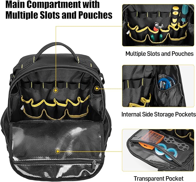 Rexmica Tool Bag Backpack for Men with 3 Tool Pouches, Heavy-Duty Tool Storage Organizer Bag with Padded Shoulder & Waist Support, Tactical Work Tool Bag for Electrician, Repairman, HVAC Techs, Black