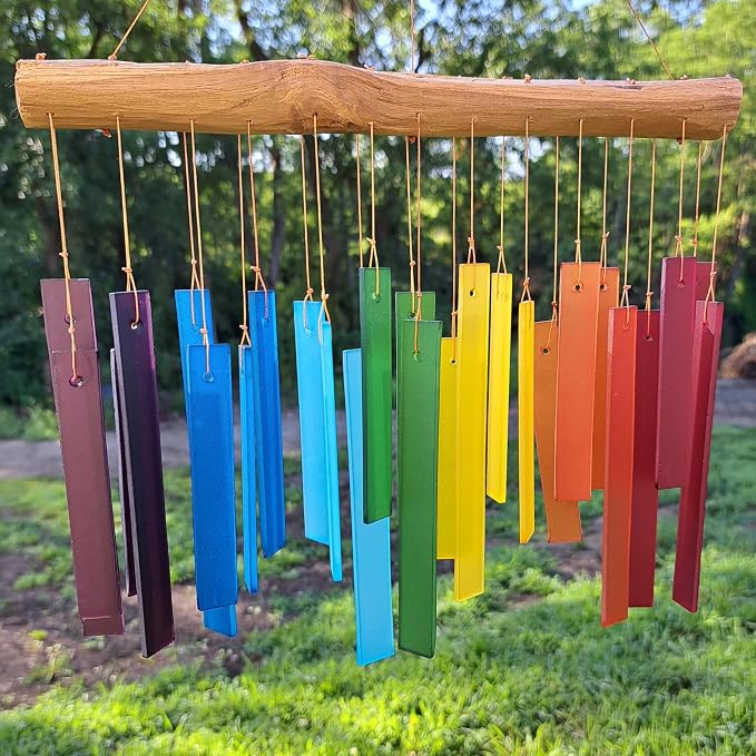 Blue Handworks Color Spectrum Glass and Driftwood Chime | Sandblasted Glass and Found Wood Hand Crafted Wind Chime