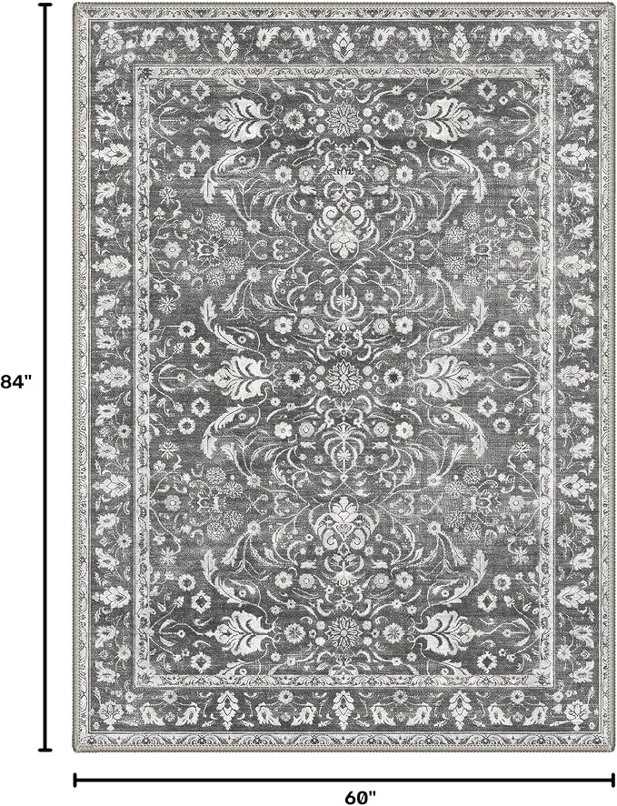 5X7 Area Rug for Living Room, Washable Boho Floral Non Slip | Easy Care Faux Wool Rug for Bedroom Dining Room, Charcoal Gray Vintage Floral Rug, Non-Shedding, Vacuum Friendly, Thin Indoor
