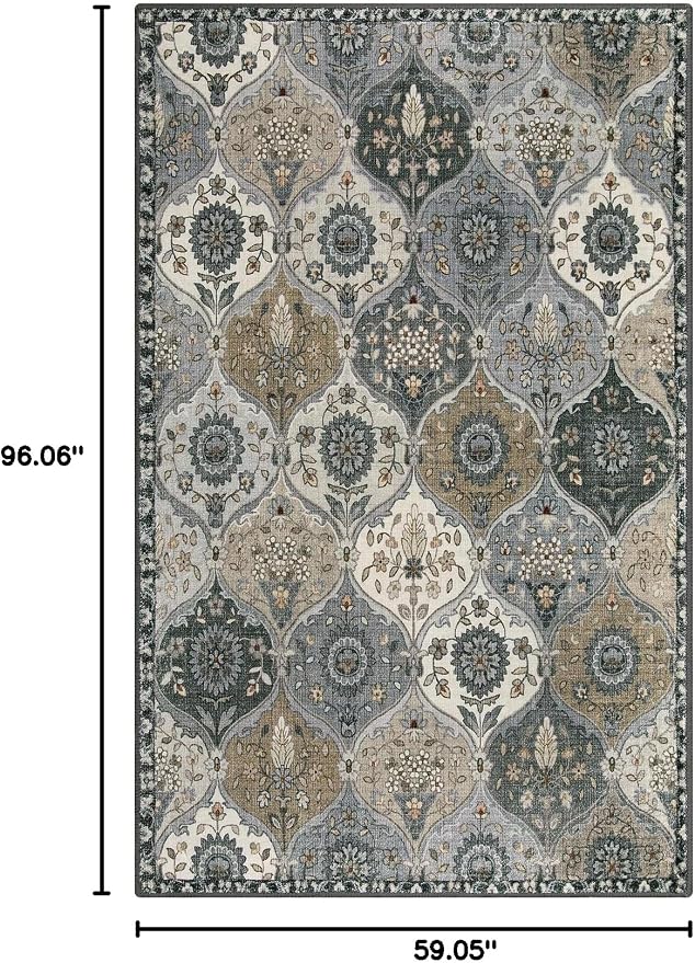 Lahome Moroccan Washable Living Room Rug, 5x8 Rugs for Bedroom Dining Room | Soft Non-Slip Non Shedding Boho Distressed Throw Carpet for Nursery Office Elise, Grey