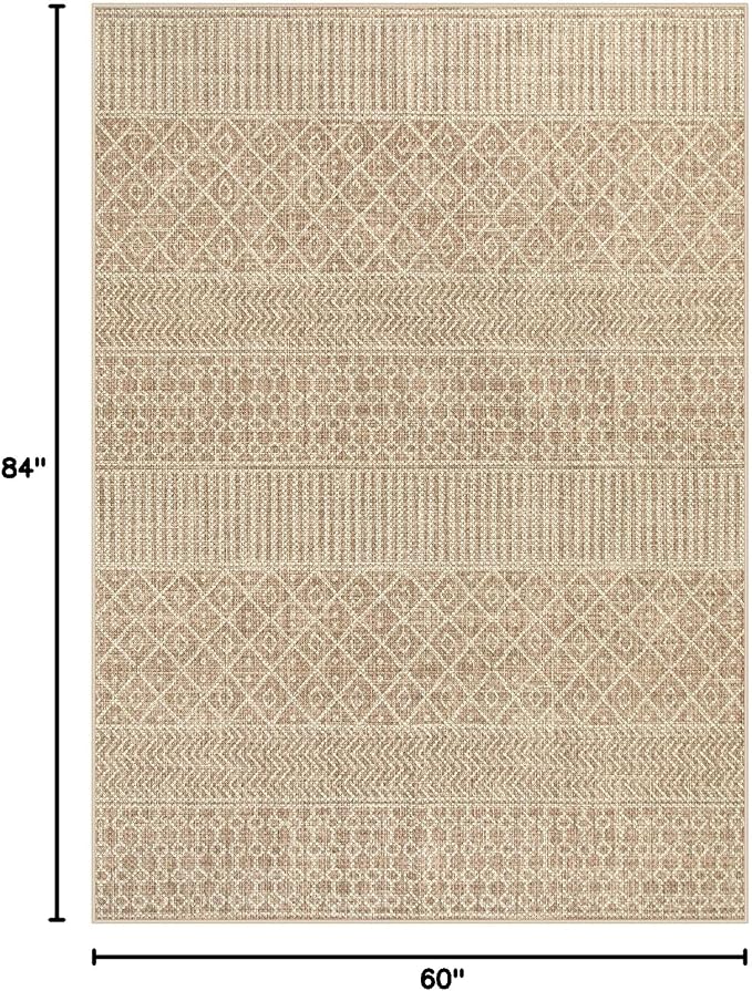 Lahome Farmhouse Washable 5x7 Area Rug for Bedroom, Non-Slip, Beige/Brown | Boho Textured Neutral, Ultra-Thin, Low-Pile, Geometric, Modern, Moroccan, Bedroom Dining Room Living Room Nursery