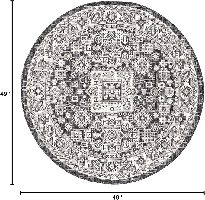 Unique Loom Outdoor Aztec Collection Area Rug - Chalca (4' 1" Round, Charcoal Gray/ Ivory)