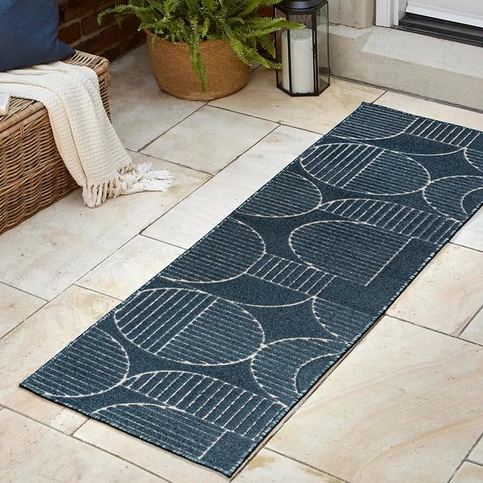 JONATHAN Y Nordby High-Low Arch Striped Navy/Cream Indoor/Outdoor Runner Rug, 2x8, Contemporary,Bohemian,Transitional for Bedroom,Kitchen,Living Room,Non Shedding,Easy-Washing (SCN104A-28)