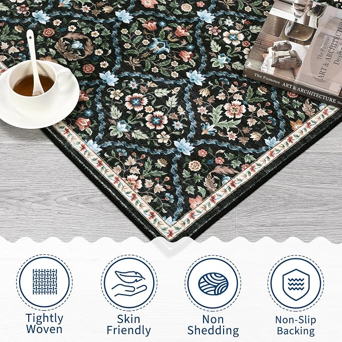 ROYHOME Runner Rug Trellis Washable Hallway Runner Non-Slip | Stain Resistant Vintage Distressed Floral Entrance Carpet for Bedroom Laundry Kitchen Entryway, Black, 2' x 6'