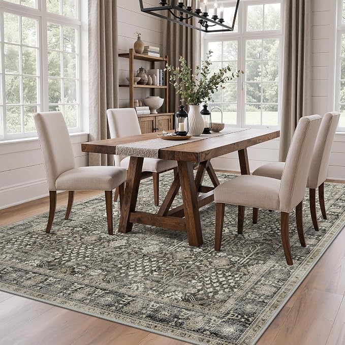 9x12 Area Rug for Living Room, Washable Low Pile, Beige Brown | Vintage Distressed Design, Spill Resistant Lightweight Non-Shedding Carpet for Bedroom, Dining Room, Office