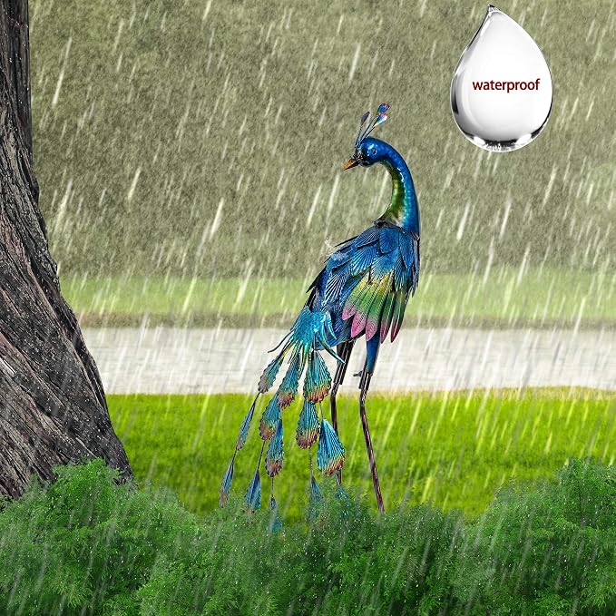 TERESA'S COLLECTIONS Garden Decor, Peacock Yard Decor, Elegant Peacock with Colorful Painting,18", Waterproof Metal Outdoor Statues, Garden Gifts, Birthday Gifts for Women Mom