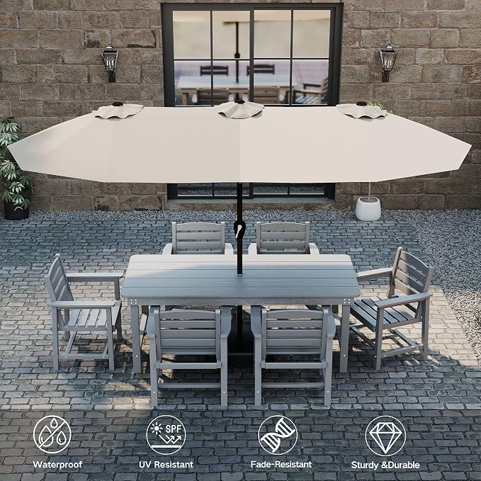 Kingdura 15ft Large Patio Umbrella with Solar Lights, Double-Sided Rectangle Lighted Outdoor Table Umbrella with Base Included, 12 Reinforced Ribs, 48 Led Lights, Crank Lift for Market Pool Deck Backyard, Beige