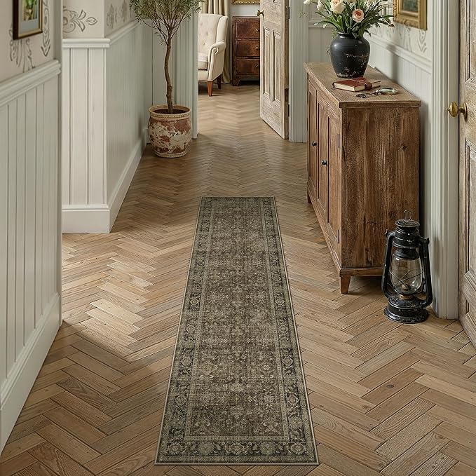 2x8 Taupe Brown Vintage Runner Rug | Washable, Non Slip, Soft Low Pile, Distressed Farmhouse, for Hallway Kitchen Laundry Bathroom Bedroom Living Room Home Decor