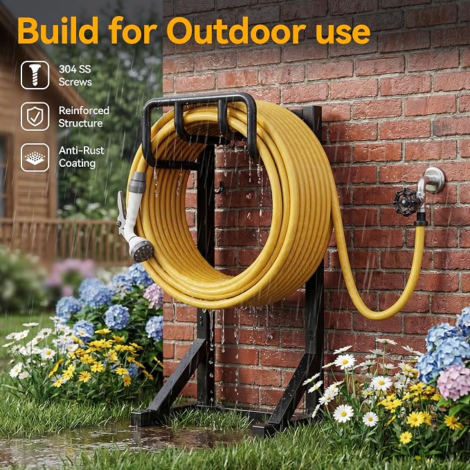 Garden Hose Holder Stand, Freestanding Heavy Duty Metal Hose Holder with Stable Base and Tool Hooks, Rustproof Water Hose Storage Rack for Outside Yard Lawn（2 Pack)