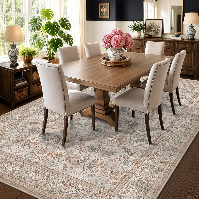 Vintage Moss Green Floral Living Room Area Rug 8x10, Washable Non Slip Neutral Taupe Rug for Bedroom, Low-Pile Large Stain Resistant Carpet for Dining Room