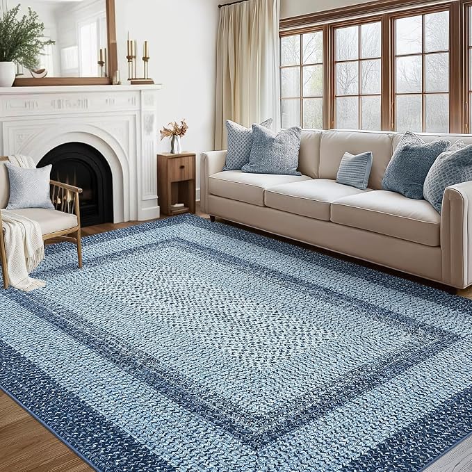 RUGSREAL Washable Bedroom Rug 4x6 Living Room Braided Print Floor Cover | Dining Room Throw Carpet with Rubber Backing Farmhouse Rustic Accent Rugs for Living Room Home Decor, Blue