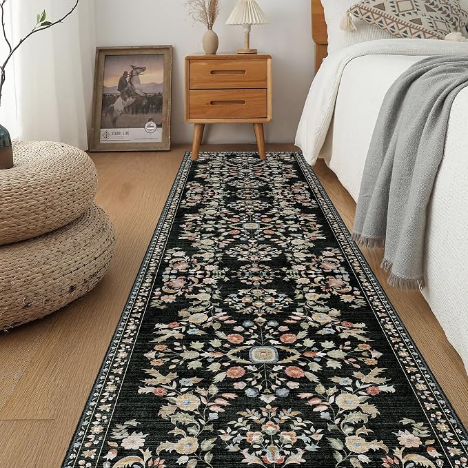 Washable Runner Rug 2x8 Area Rugs Non Slip Ultra-Thin Floral | Boho Long Throw Carpet Runner for Kitchen Bathroom Hallway Bedroom Entryway Laundry Floor Indoor Low Pile Boho Vintage Black